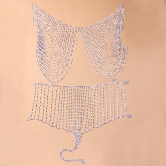 Rhinestone Skirt and Top Set Bra Womens Thong Crystal Chain Dress Body jewelry - Picture 6 of 7